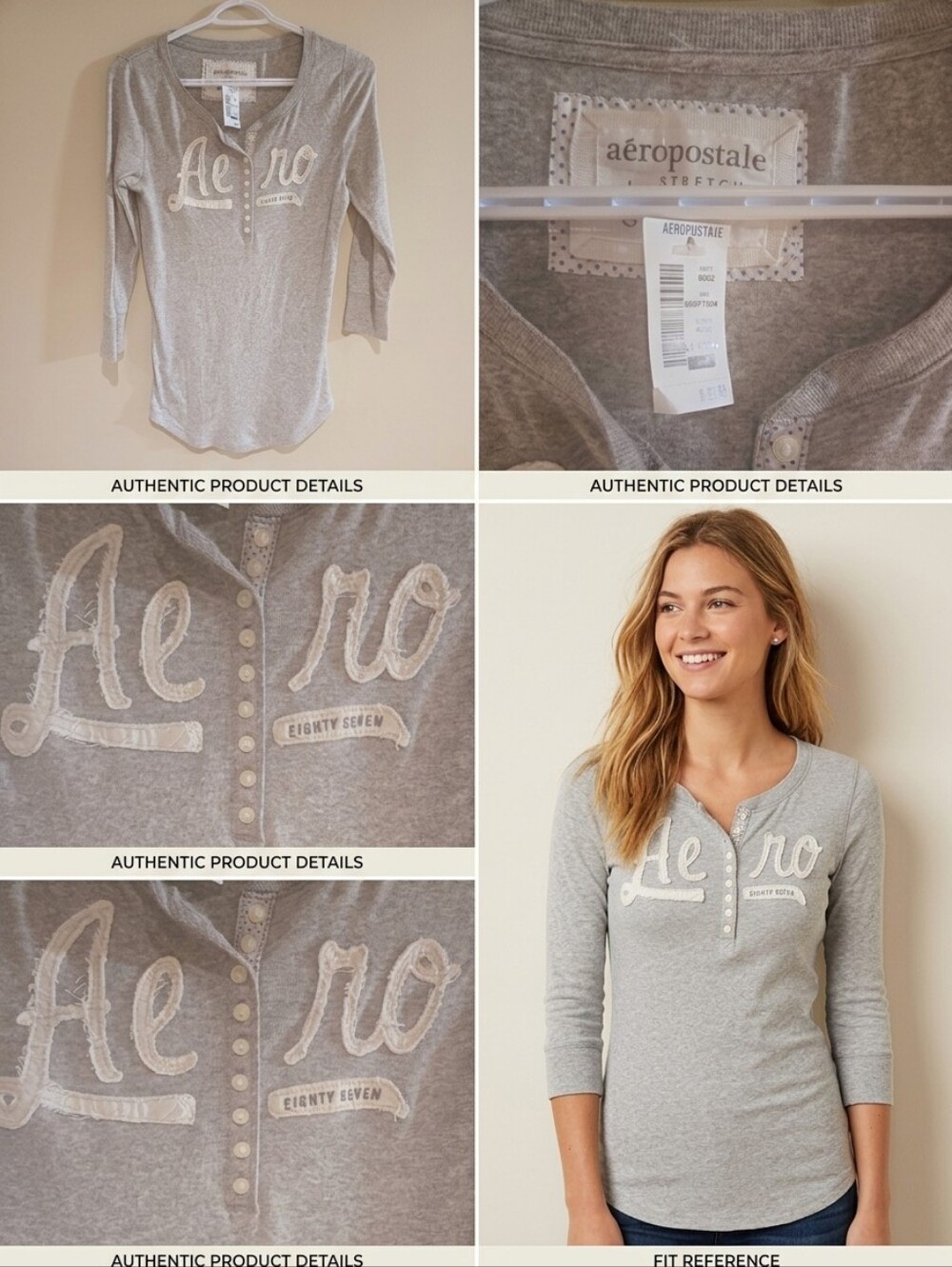 Aeropostale Aero Eighty Seven Graphic Henley Gray Size Large